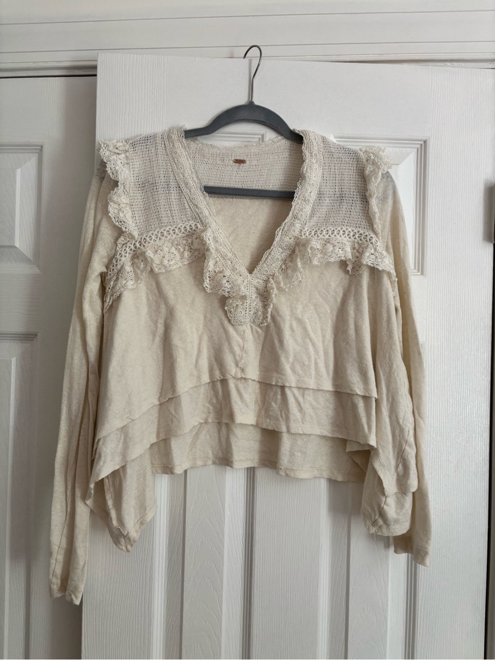 Free People Cream Crochet-Trim Layered V-Neck Long Sleeve Top